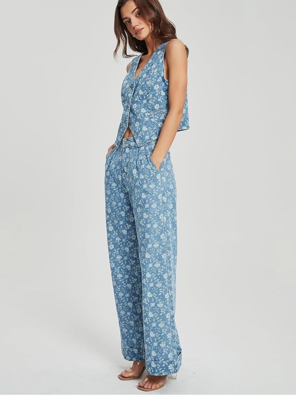 Two piece denim set floral